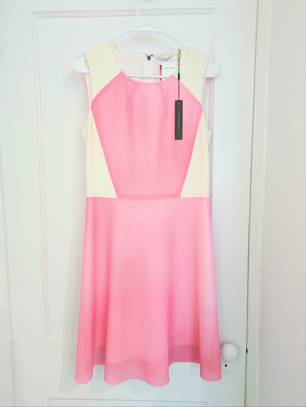 T Tahari Pink mesh and white fit and flare dress, New with tags